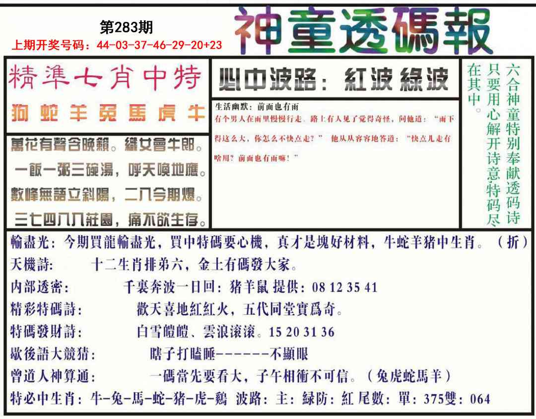 神童透码报 第283期