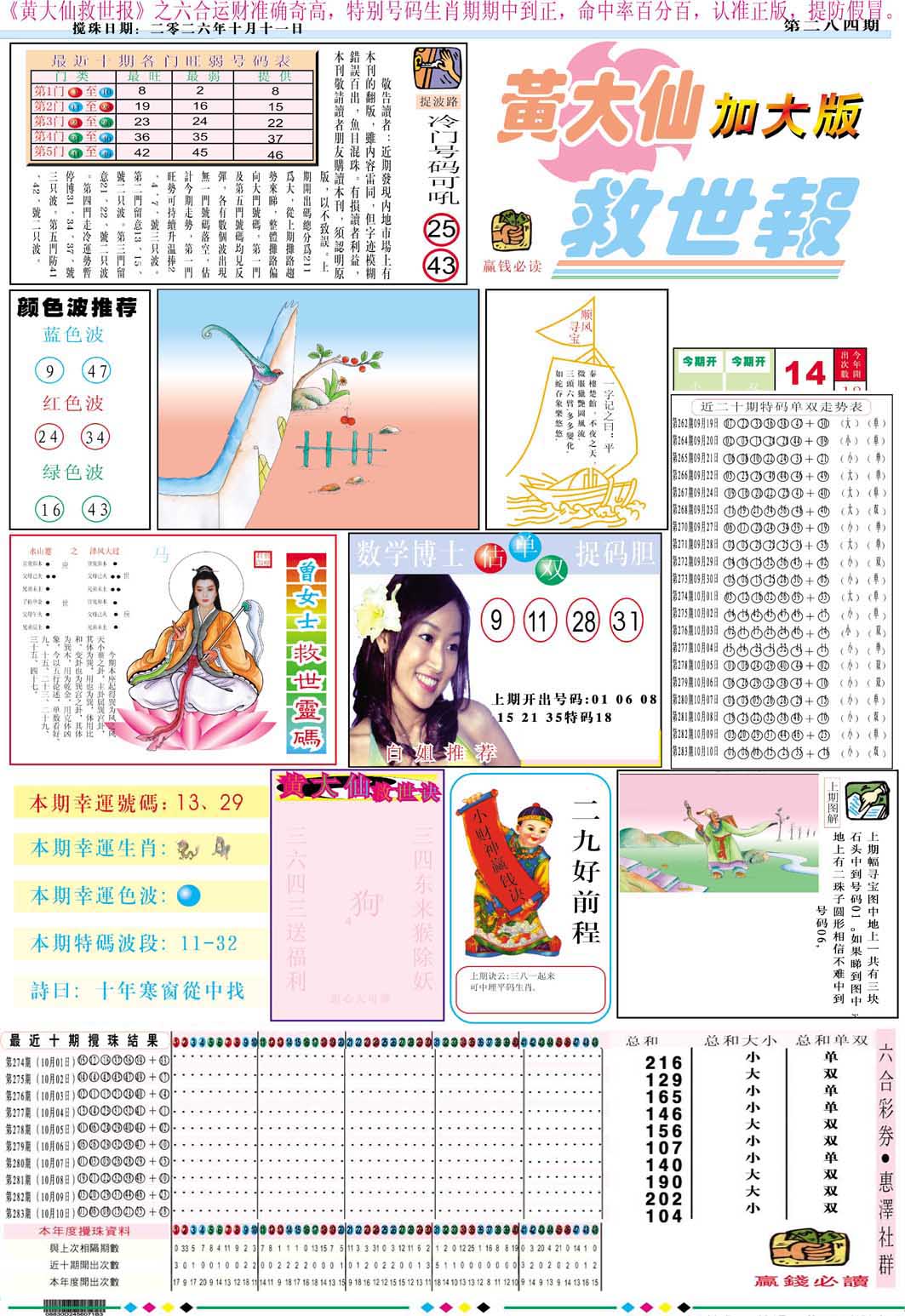 黄大仙救世A加大版 第284期