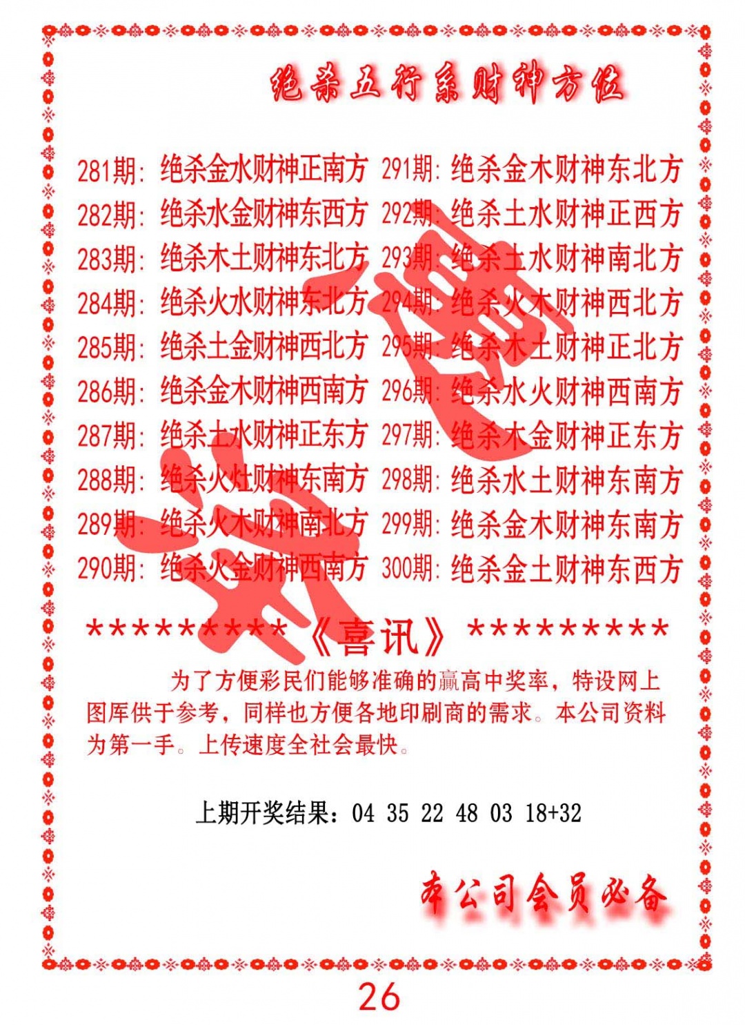 绝杀五行及财神方位 第285期