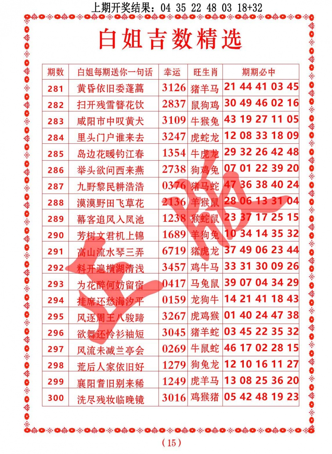 白姐吉数精选 第285期