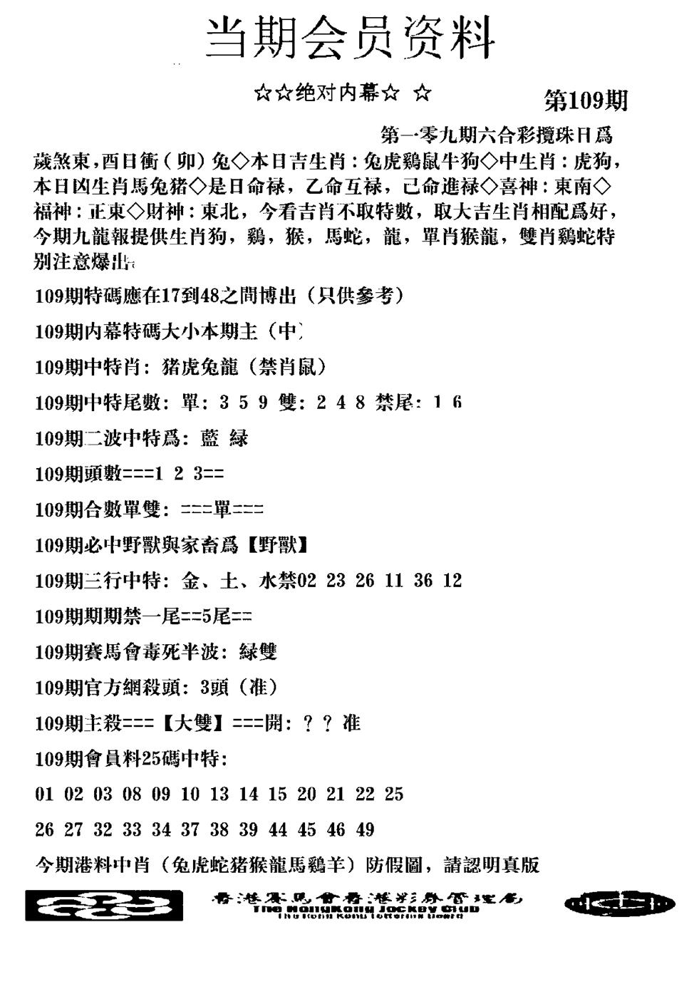 当期会员资料图(新料) 第109期